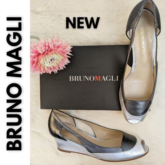 Bruno Magli Fiesse Wedge Heel Gray Color-Block Lambskin Leather Size 9.5 AA, NEW - Picture 2 of 10